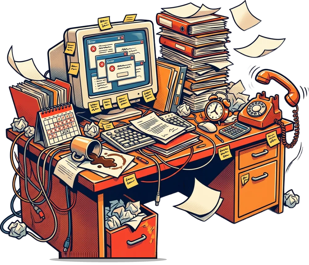 Mesa de trabalho bagunçada com computador cheio de erros, pilhas de papéis, café derramado e telefone tocando, ilustrando processos manuais e perda de tempo