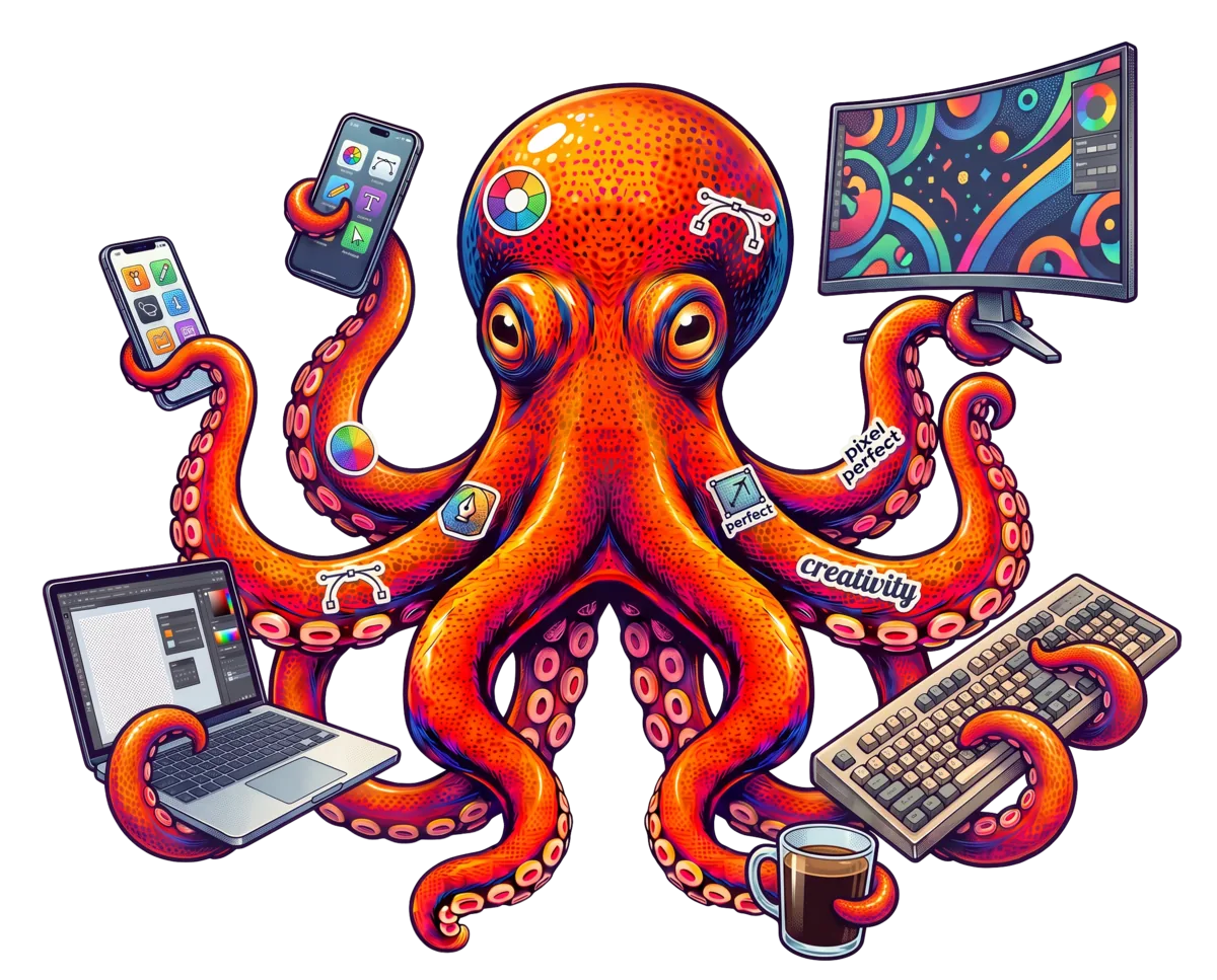 O polvo mascote da RL Rodrigues trabalhando com notebook, celular e monitor ao mesmo tempo